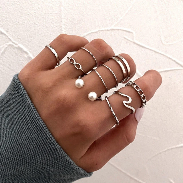 Girls Rings Set Pearl Opening Geometric Finger Ring