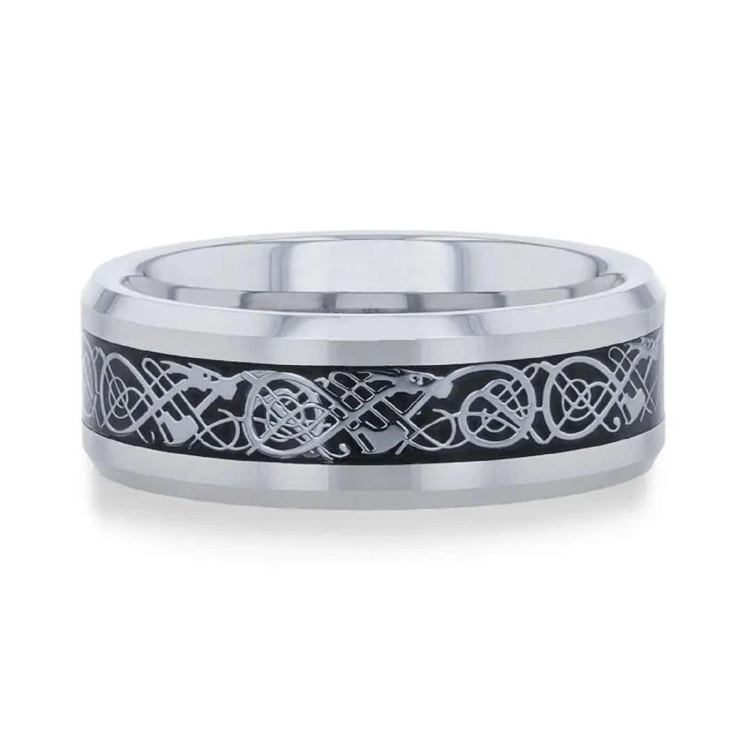 Tungsten Carbide Ring Beveled Edges and Metal Dragon Inlay 8mm