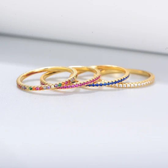 Женское кольцо из стерлингового серебра 925 пробы с позолотой, ювелирные украшения, штабелируемое кольцо с радугой и цирконием CZ